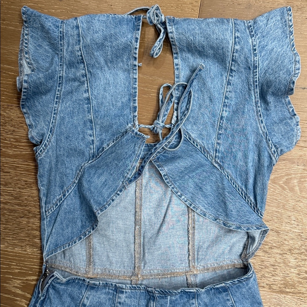 We The Free Free People Denim Tie Front Ruffle Sleeve Wide Leg Jumpsuit Size S - Picture 5 of 6